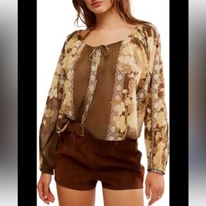 Free People Elena Floral Printed Top Cocoa Combo